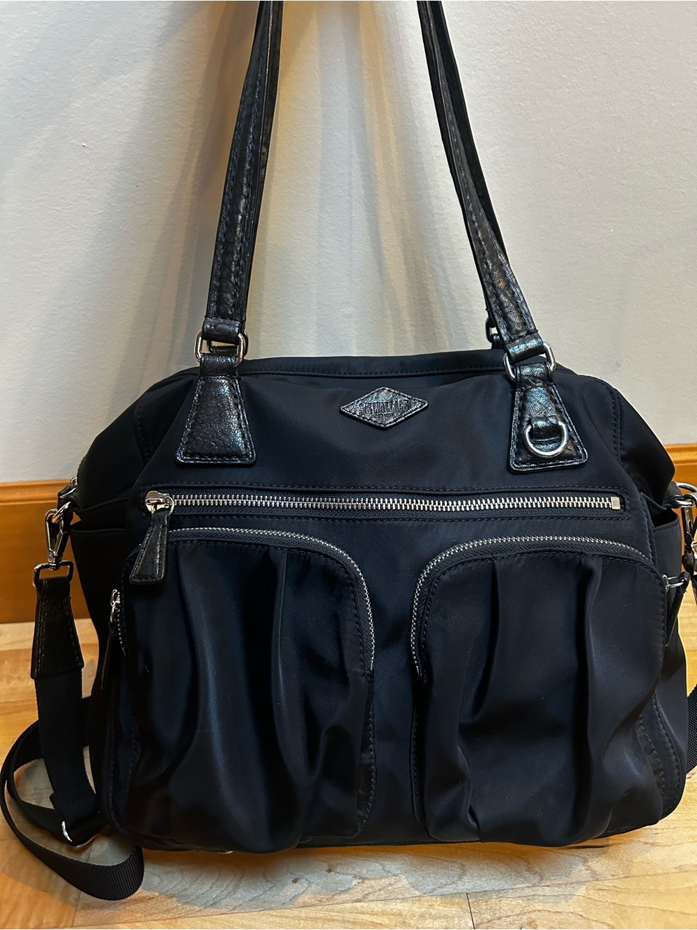 MZ Wallace Black Nylon Shoulder Bag with Front Zip Pockets